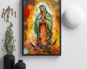 May include: A painting of the Virgin Mary, depicted in a colorful, abstract style. She is wearing a blue and green robe and standing on a crescent moon. The background is a vibrant mix of yellow, orange, and red.