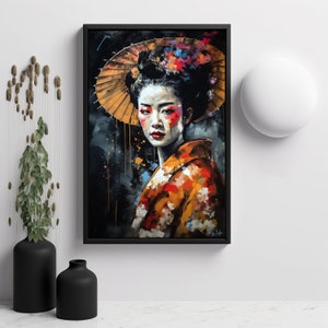 Beautiful Geisha Portrait Knife Palette canvas Art Print, Stunning Portrait Of Geisha On Paper Pro Luster.