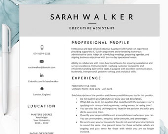 May include: A black and white resume template with the name Sarah Walker and the title Executive Assistant. The resume includes contact information, a professional profile, experience, and education sections.