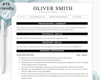 May include: A black and white resume template with the title "Oliver Smith" and the words "ATS Friendly" in a green circle at the top left corner. The resume includes sections for professional summary, technical skills, relevant skills, working experience, and your position title.