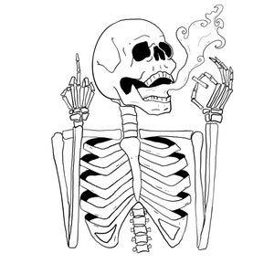May include: A black and white line drawing of a skeleton giving the middle finger and smoking a cigarette.