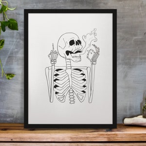 May include: Black and white line art print of a skeleton giving the middle finger and smoking a cigarette. The skeleton is wearing a skull and has a rib cage.