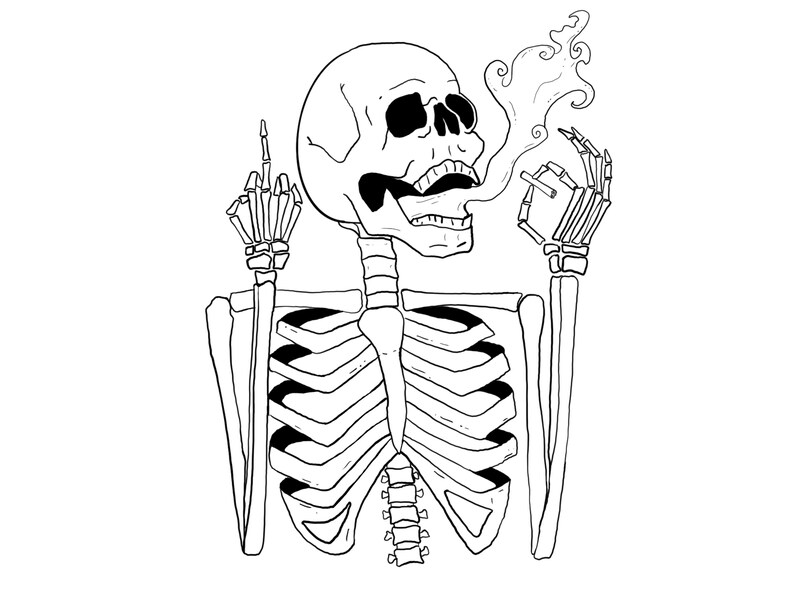 May include: A black and white line drawing of a skeleton giving the middle finger and smoking a cigarette.