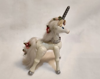 1982 Kurt Adler Wooden Unicorn Christmas Ornament White and Silver with Roses | Vintage Christmas Holiday Decor