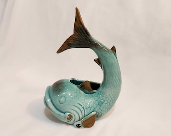 Ceramic Fish Wall Pocket Planter Big Mouth Fish Blue with Gold Accents | Vintage Garden Vase Planters