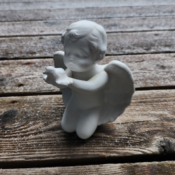 Bisque Kneeling Angel Holding Dove Statue | Vintage Figurines