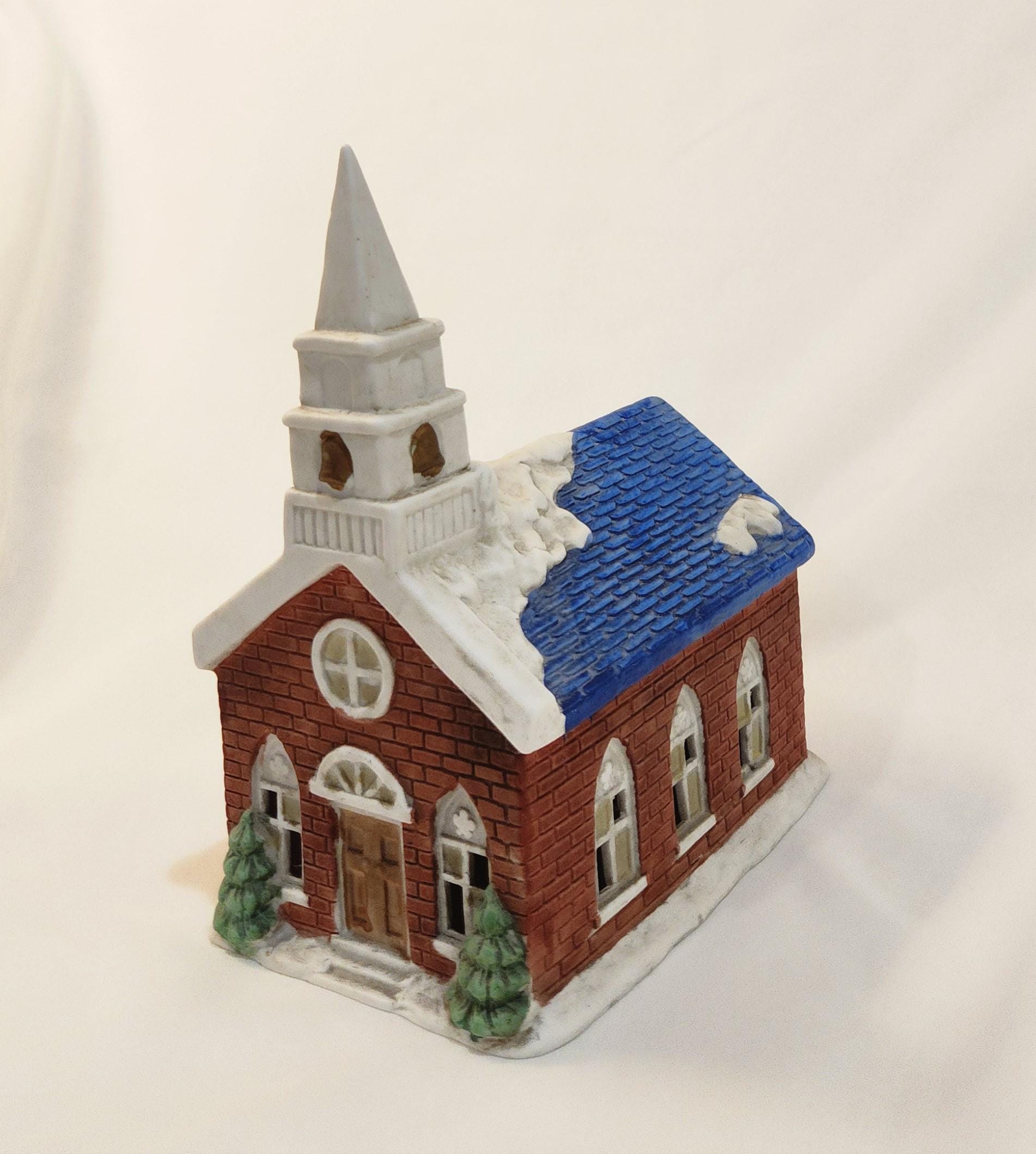 Vintage Ceramic Church Steeple Blue Roof (light Not Included