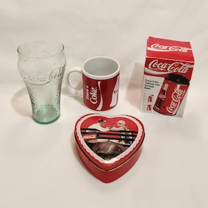 1997 Coca Cola Memorabilia Talking Can Piggy Bank, Coke Mug, Fountain Glass and Heart Tin Vintage Advertising