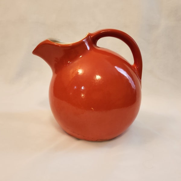 Tilted Ball Pitcher with Ice Lip Unmarked Red Wing Pottery 547 Flame Red-Orange | Vintage Drinkware