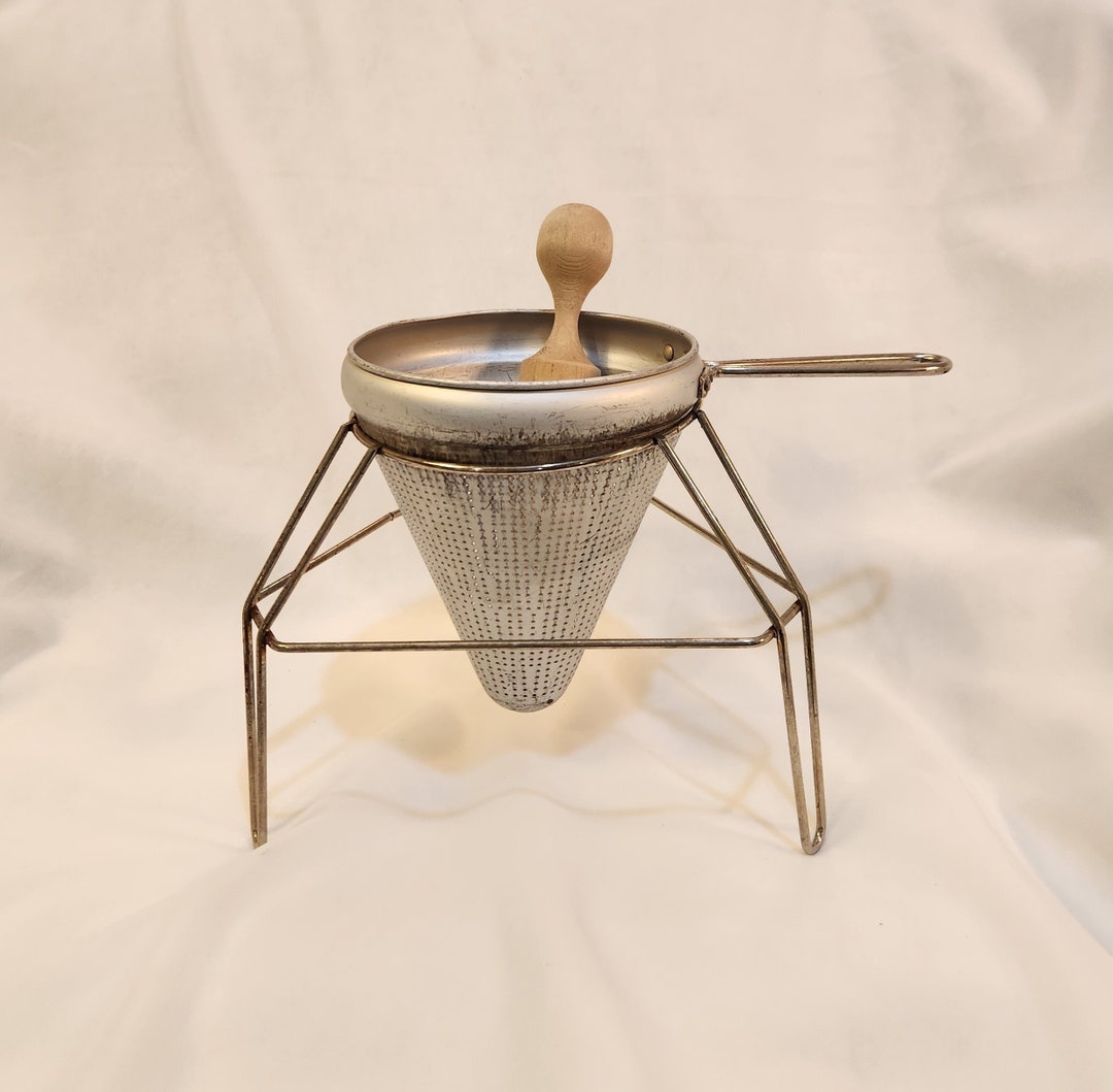 Aluminum Cone Food Mill With Stand and Wooden Pestle 3 Piece Set Applesauce Sieve Ricer Vintage