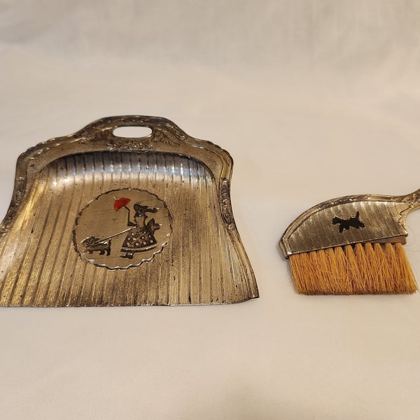 Crumb Tray and Brush Silver Tone In Original Box Girl Walking Dog Design Made in Japan Crumb Catcher | Vintage Dining Items