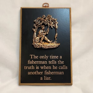 Copper Fisherman Wood Plaque Fish Tales Vintage Wall Hanging