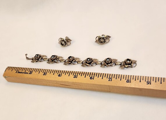 Bracelet and Screw Back Earrings Silver Tone Rose… - image 10