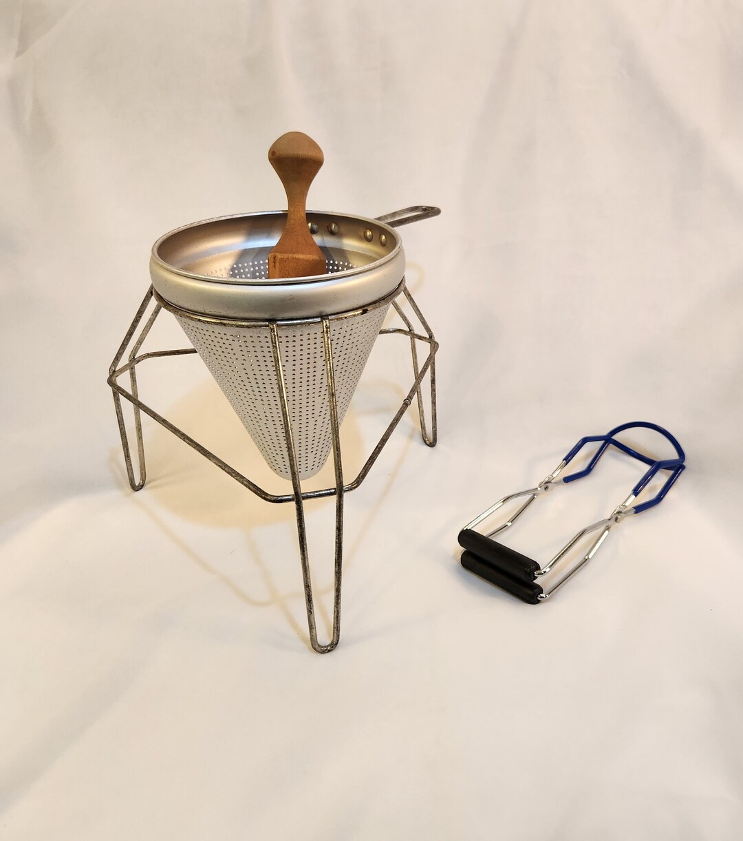 Aluminum Cone Food Mill With Stand, Wooden Pestle and Canning Jar Holder 4 Piece Set Applesauce