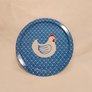 Chicken Round Metal Tray Platter Hen Farm Animal Calico Vintage Kitchen Serving Dining