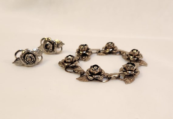 Bracelet and Screw Back Earrings Silver Tone Rose… - image 1