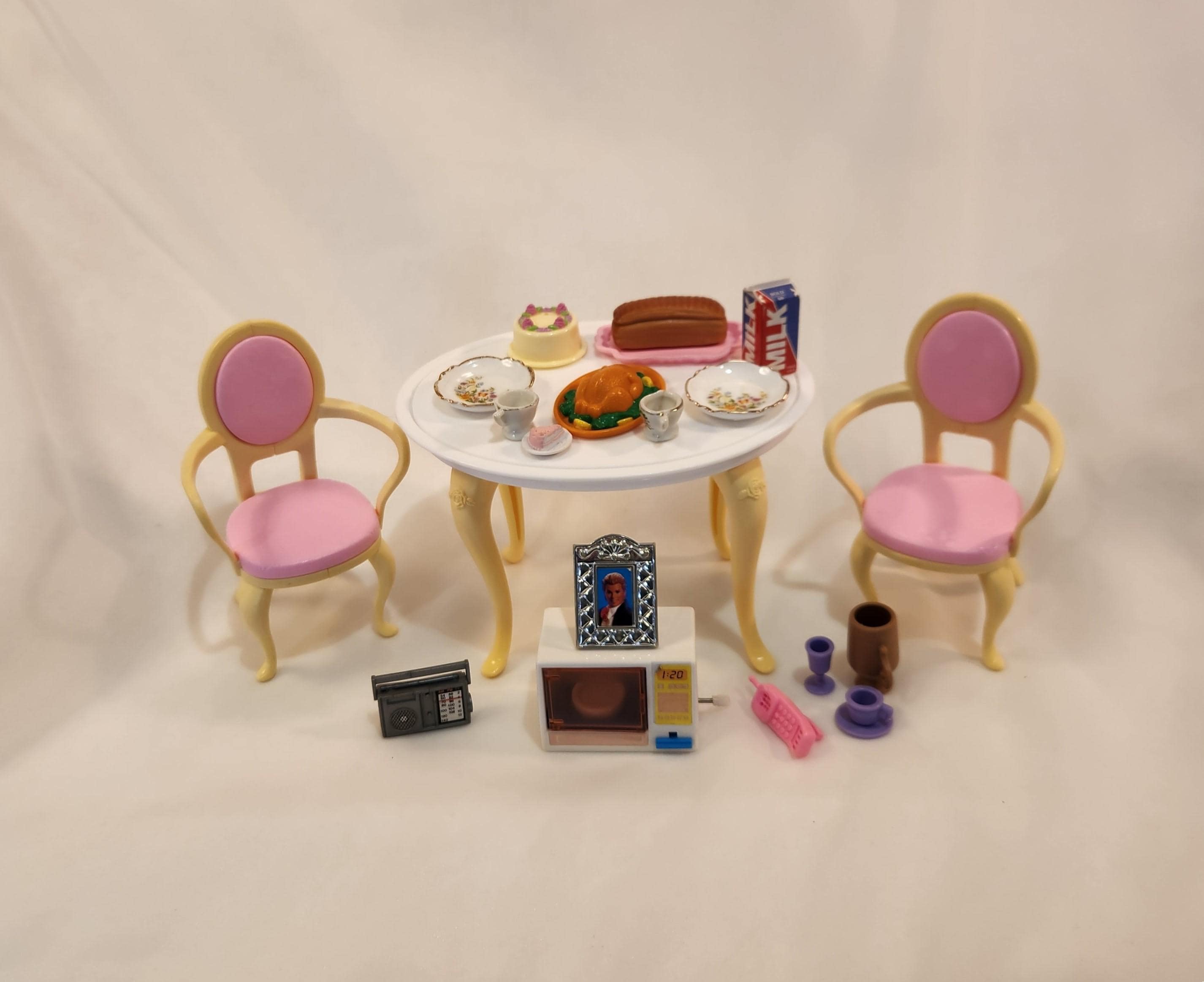 Vintage 1996 Barbie Dining Room Set: Table, Chairs, Microwave