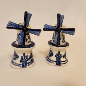Delft Windmill Salt and Pepper Shakers Blue and White Ceramic Holland Vintage Dining Serving Items