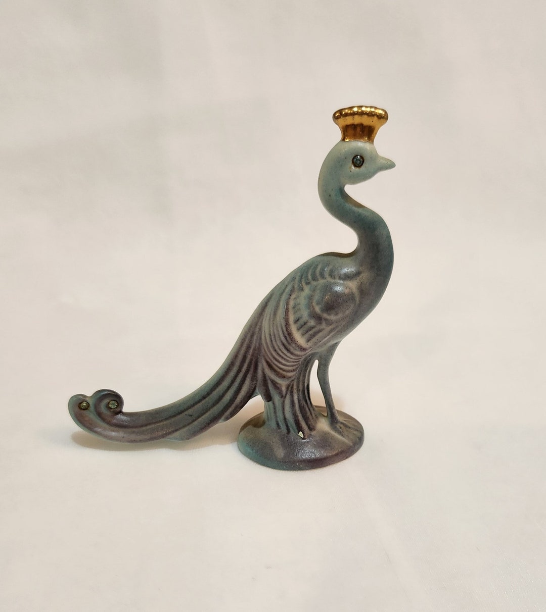 Vintage Ceramic Peacock Figurine Rhinestone Eyes and Tail Hand Painted