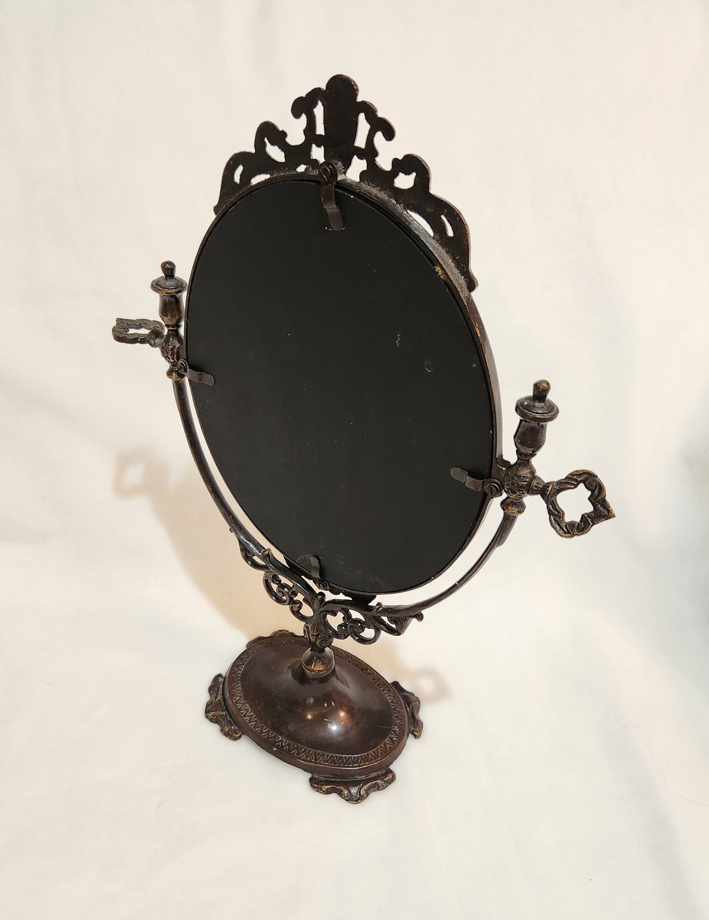 Pedestal Vanity Mirror Oval Pivoting Art Nouveau Style Burnished Bronze