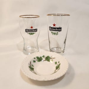 Vintage Heineken Beer Glasses with Gold Rim & Harker Ivy Ashtray Barware