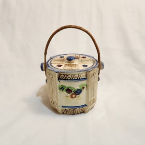 Biscuit Barrel Cookie Jar Roses and Bows Ceramic Rattan Handle Made in Japan Vintage Counter Storage