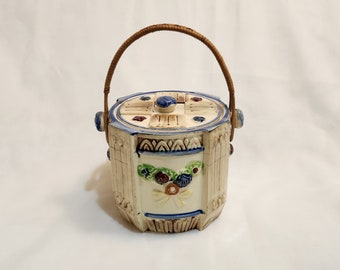 Vintage Ceramic Biscuit Barrel: Rose Bouquets, Rattan Handle, Made in Japan