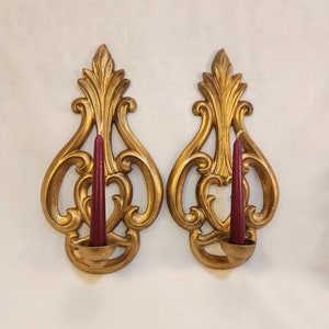 Gold Candle Holder Sconce Hollywood Regency Cast Metal Set of 2 Vintage Candleholders