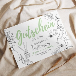 Gutschein Wellness Wellnesstag Entspannung zum Ausdrucken PDF Download Digital Print Druckbar Editierbar Personalisierbar Postkarte Geschenk