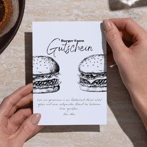 Vale de comida de hamburguesa para imprimir | Idea de regalo para amigos | Descarga digital, personalizable y de última hora, para pasar tiempo juntos