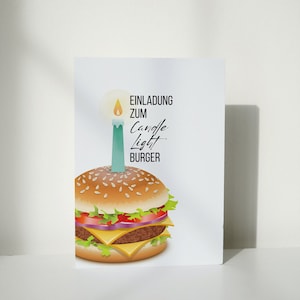 Carte d'invitation Burger aux chandelles à imprimer PDF Téléchargement instantané Impression numérique Carte postale imprimable Idée cadeau Nourriture Ami