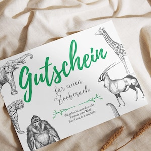 Gutschein zum Ausdrucken Zoobesuch Zoo Tierpark PDF Download Digital Print Druckbar Editierbar Personalisierbar Postkarte Geschenkidee Bild 1