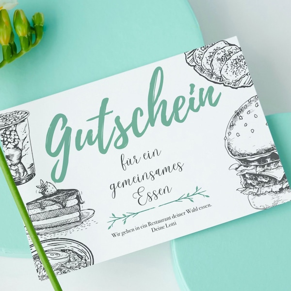 Gutschein zum Ausdrucken Essen gehen PDF Download Digital Print Druckbar Editierbar Personalisierbar Postkarte Geschenkidee Restaurant