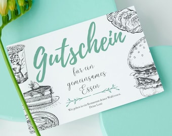 Gutschein zum Ausdrucken Essen gehen PDF Download Digital Print Druckbar Editierbar Personalisierbar Postkarte Geschenkidee Restaurant