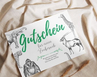 Gutschein zum Ausdrucken Zoobesuch Zoo Tierpark PDF Download Digital Print Druckbar Editierbar Personalisierbar Postkarte Geschenkidee