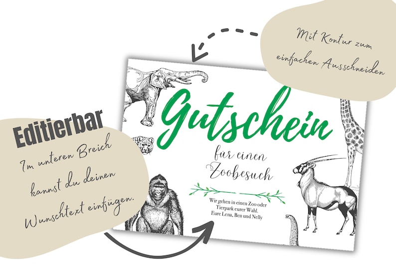 Gutschein zum Ausdrucken Zoobesuch Zoo Tierpark PDF Download Digital Print Druckbar Editierbar Personalisierbar Postkarte Geschenkidee Bild 3