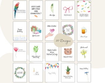 Geburtstagskarten Set Glückwunschkarten zum Geburtstag Postkarte Happy Birthday Karten zum Ausdrucken PDF Download Digital Print 20 Designs