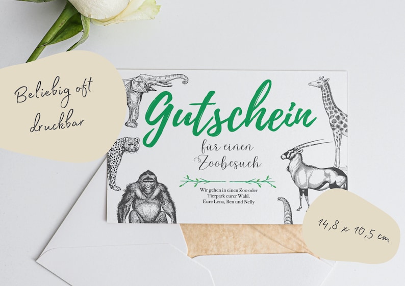 Gutschein zum Ausdrucken Zoobesuch Zoo Tierpark PDF Download Digital Print Druckbar Editierbar Personalisierbar Postkarte Geschenkidee Bild 2