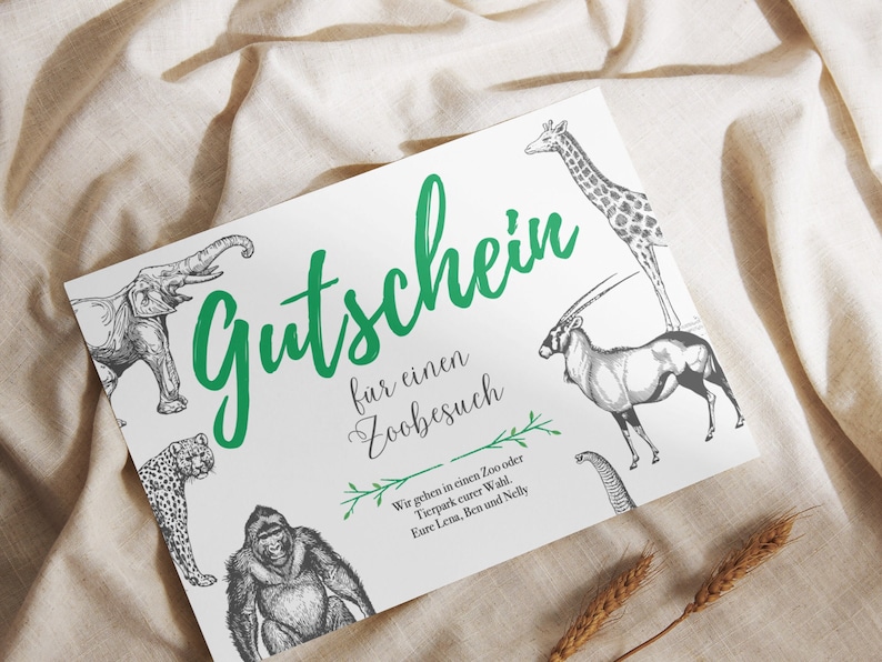 Gutschein zum Ausdrucken Zoobesuch Zoo Tierpark PDF Download Digital Print Druckbar Editierbar Personalisierbar Postkarte Geschenkidee Bild 1