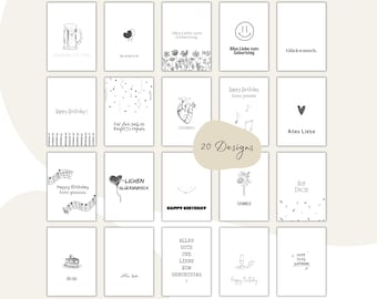 Birthday Card Set Congratulations Cards for Birthday Postcard Happy Birthday Cards to Print PDF Download Digital Print 20 Designs