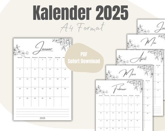 Kalender 2025 Monatsplaner Jahresplaner Planer A4 Format zum Ausdrucken Digital Download PDF Datei Druckbar Minimalistisch Blume Grau