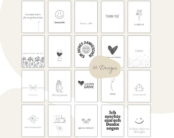 May include: A collection of 20 thank you cards with various designs. Each card features simple black and white illustrations and text, including phrases like "Thank You" and "Dankeschön". The cards are displayed on a white background.