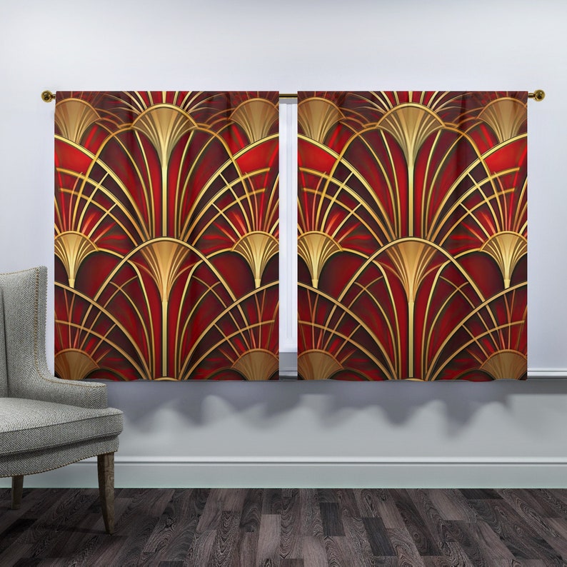 Red and Gold Art Deco Curtain Set, Elegant 1920's Style Curtains for