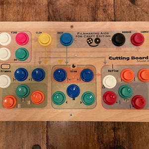Pode incluir: Quadro de madeira "Cutting Board Model A" com botões coloridos rotulados "Find", "Clip", "Edit", "Remove" e "Commit". O quadro também apresenta o texto "Filmmaking Aids for Craft Editing".
