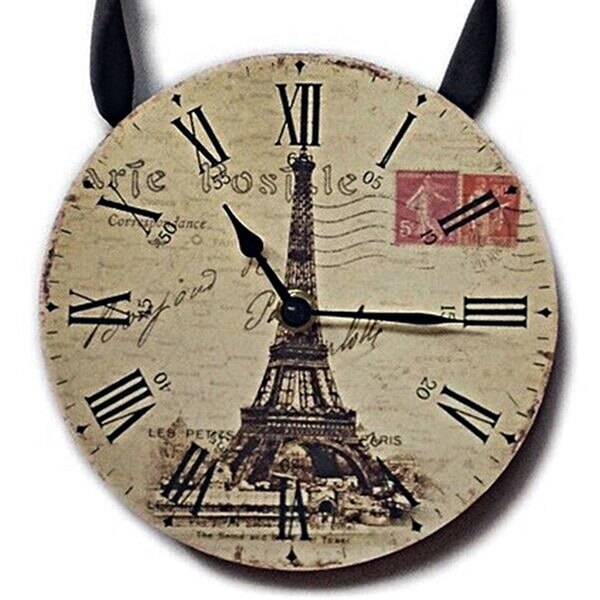 Wall Clock - Vintage Design -Eiffel Tower & Stamps w/Ribbon for hanging! **FREE SHIPPING**