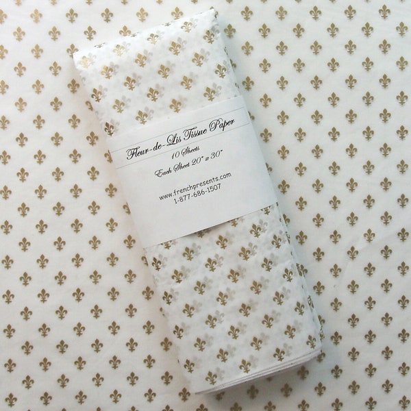 Tissue Paper/Gift Wrap - Gold Fleur de Lis on White Tissue - 10 sheets 20" x 30" **FREE SHIPPING**