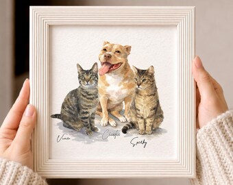 Custom Multiple Pet Portrait, Dog and Cat Watercolor Painting, Personalized 3 Pet Portrait from Photo, Combined Pets Memorial Gift, Friend