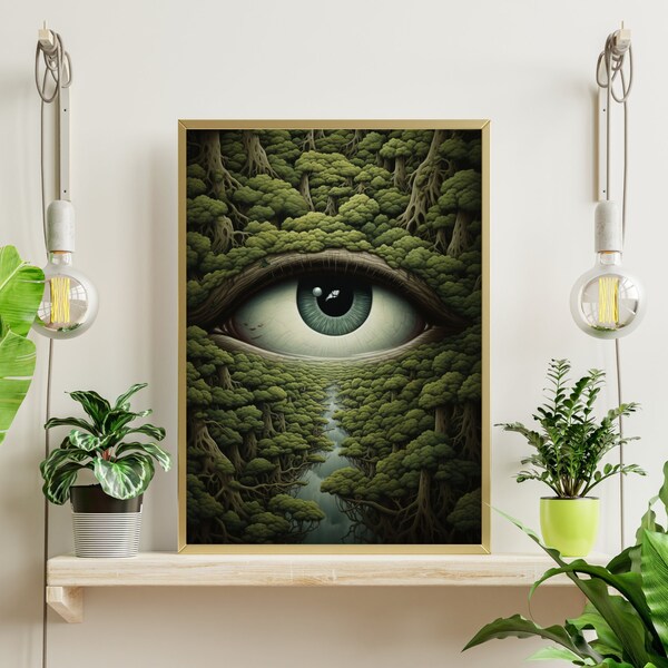 Mystical Forest Wall Art, Mythical Forest, Big Eye Wall Art, Strange Forest Painting, Surreal Painting Digital, Surreal Forest