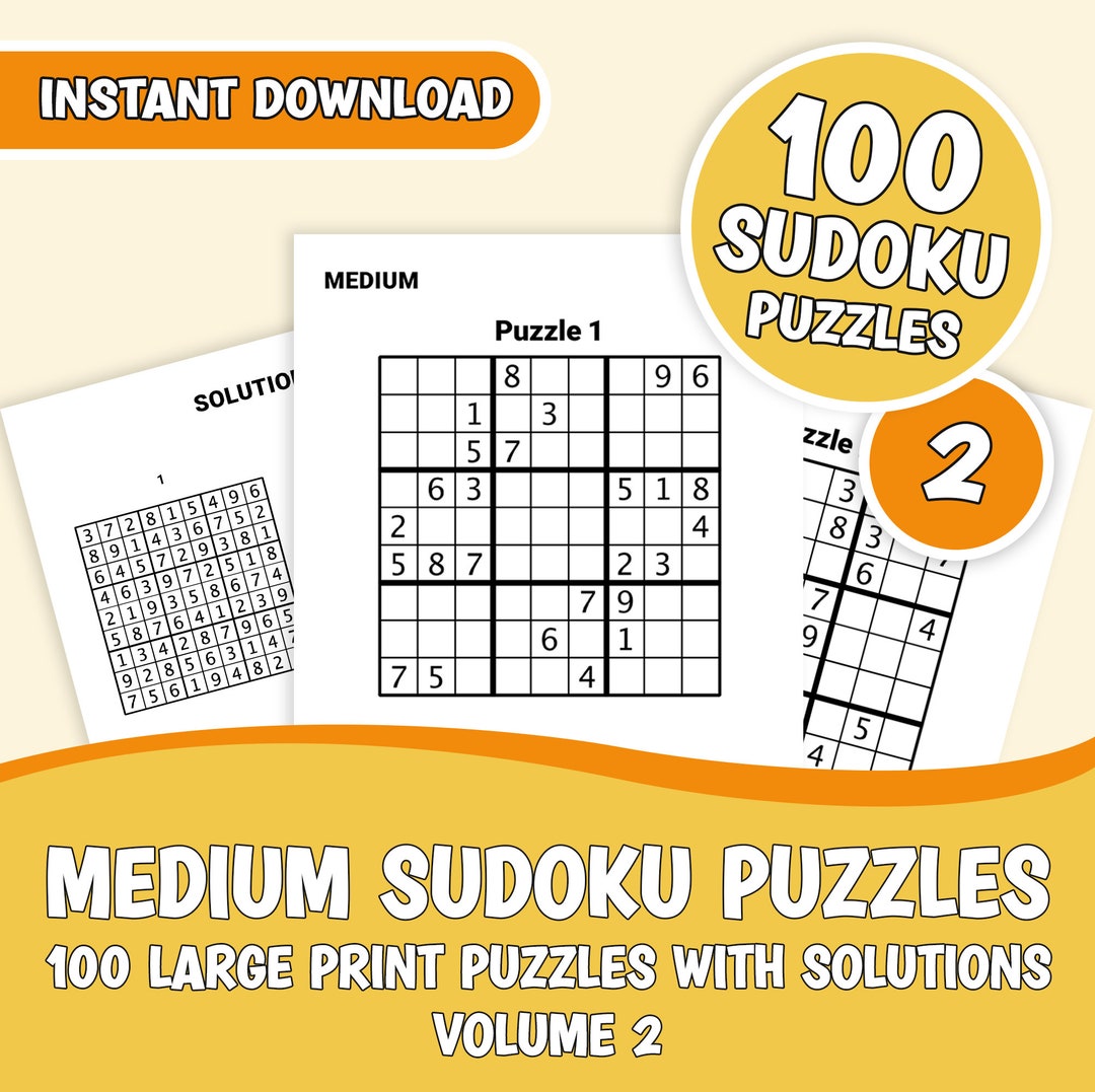 Sudoku Puzzles Large Print Version 100 Medium Sudoku Etsy