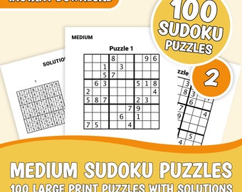 Sudoku Puzzles | Large Print Version | 100 Medium Sudoku Puzzles - Volume 2 | Printable  | Instant Digital Download | PDF